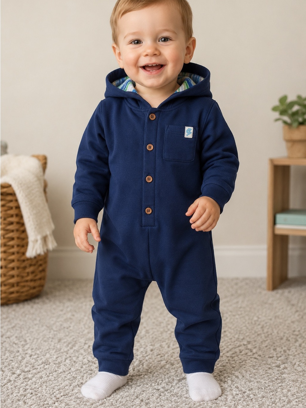 Cozy Navy Hooded Baby Romper with Chest Patch